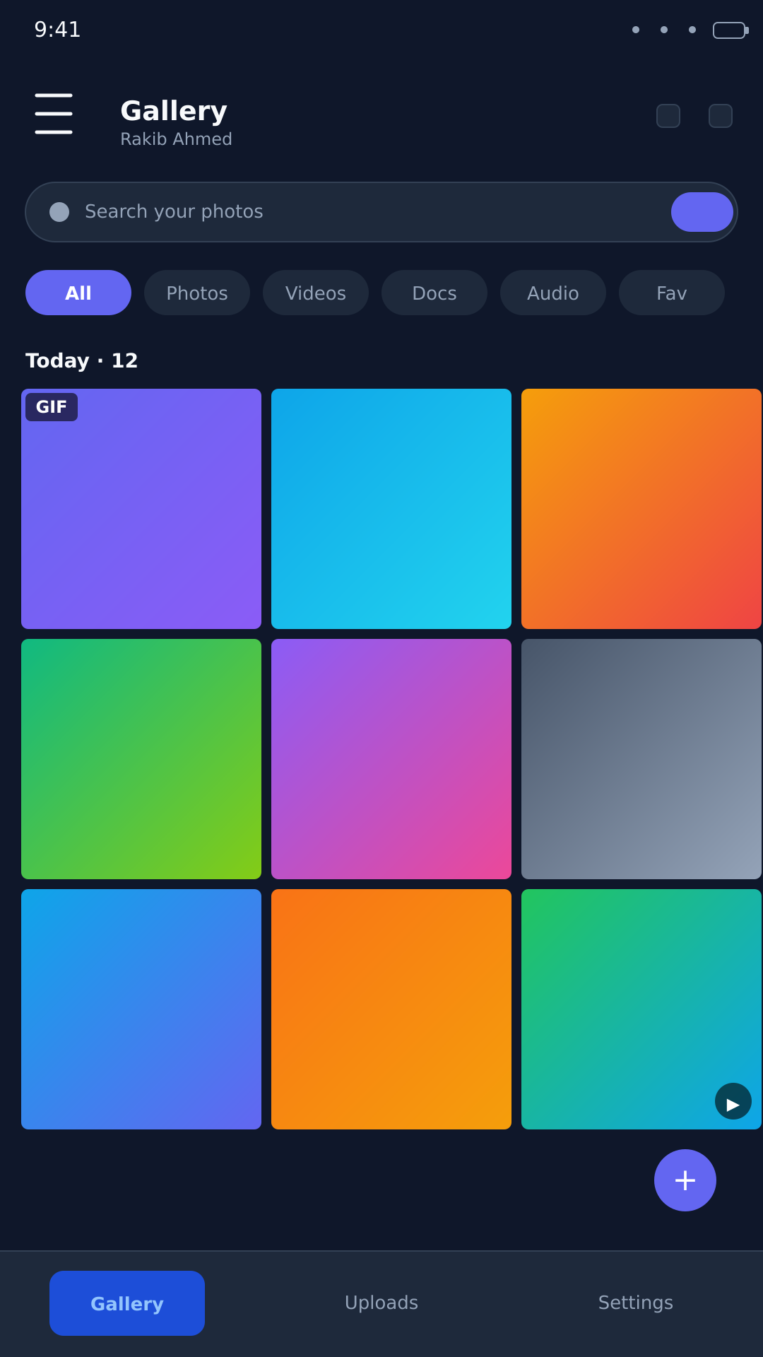 Pixora gallery: day-grouped photo timeline in dark mode