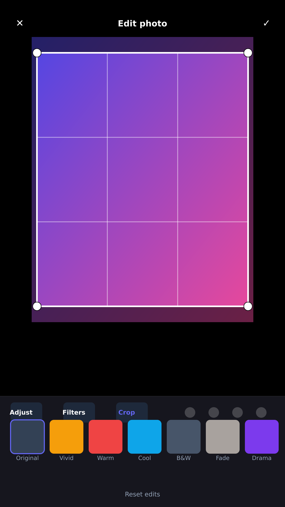 Pixora editor: crop overlay with rule-of-thirds and filter strip