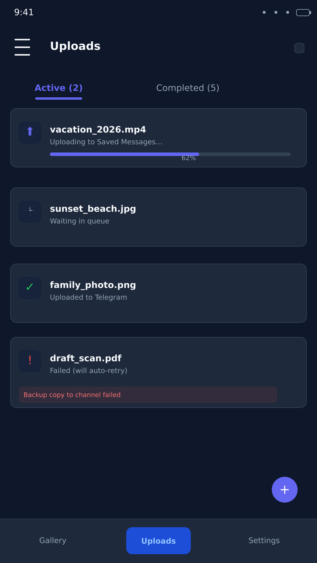 Pixora uploads: active queue with live progress bars